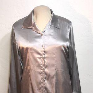 CHICO’S Silver Satin Front Button Top
